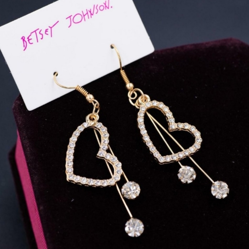 NOT AVAILABLE**Betsey Johnson Crystal Heart Earrings Dangle CZ Rhinestones NEW - Picture 5 of 9
